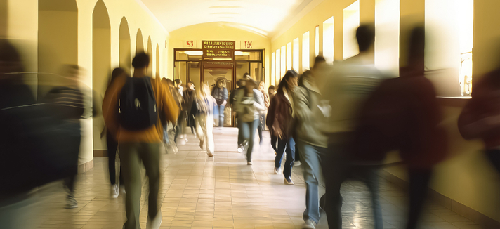 Schülerinnen und Schüler eilen durch einen Schulflur 