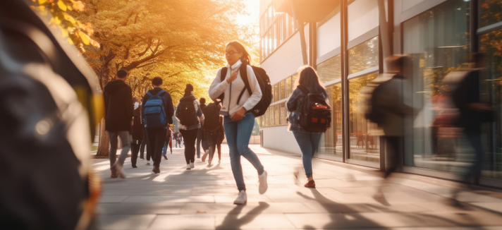 Schülerinnen und Schüler eilen vor einem Schulgebäude hin und her