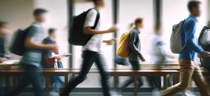 Eine Gruppe Schülerinnen und Schüler eilt zum Unterricht